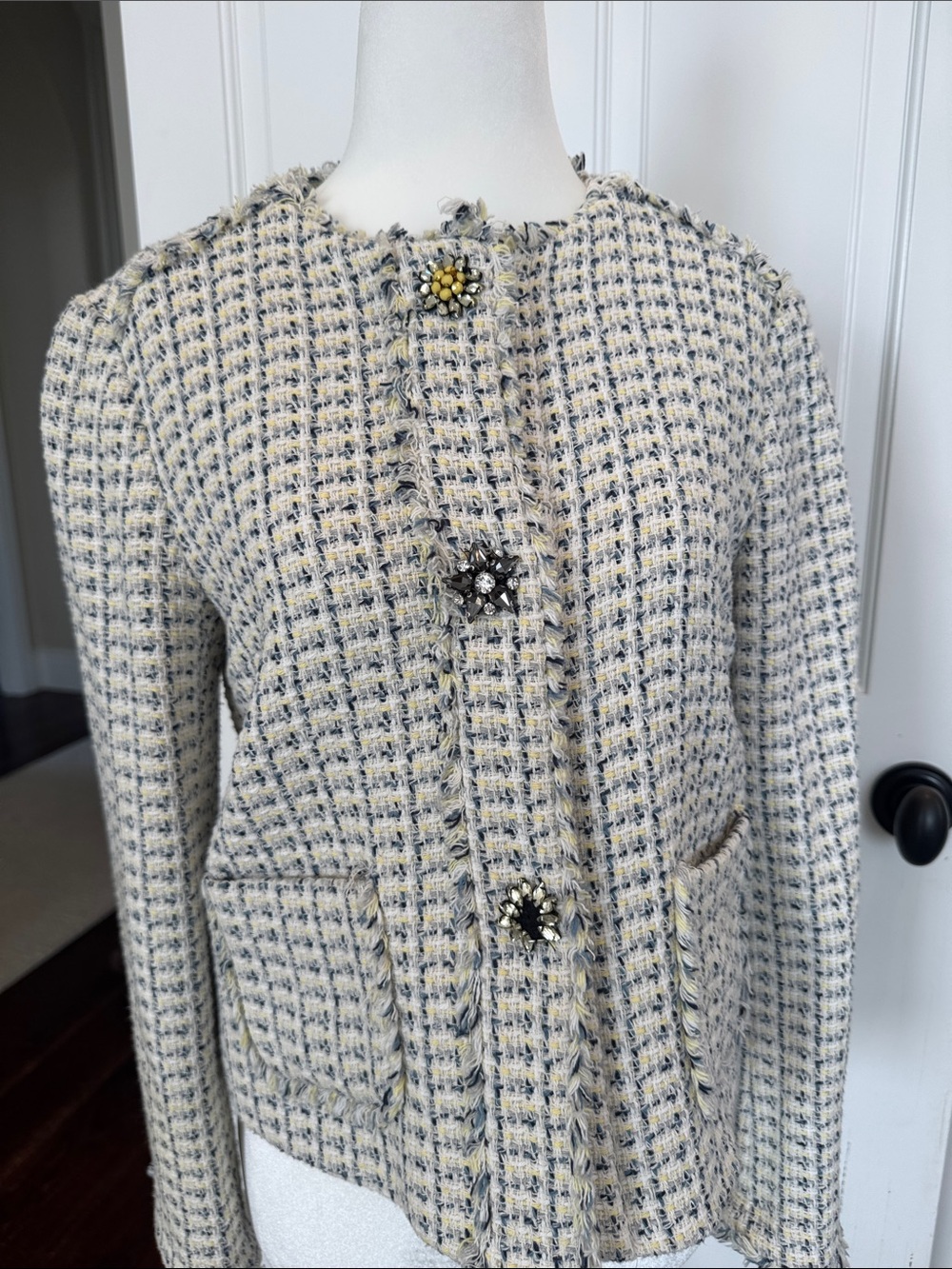 Zara White and Blue Tweed Jewel-Button Jacket